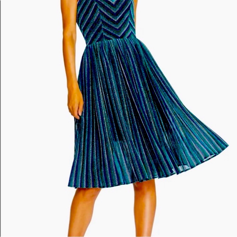 NWT Dress the Population blue, green, and silver cocktail dress